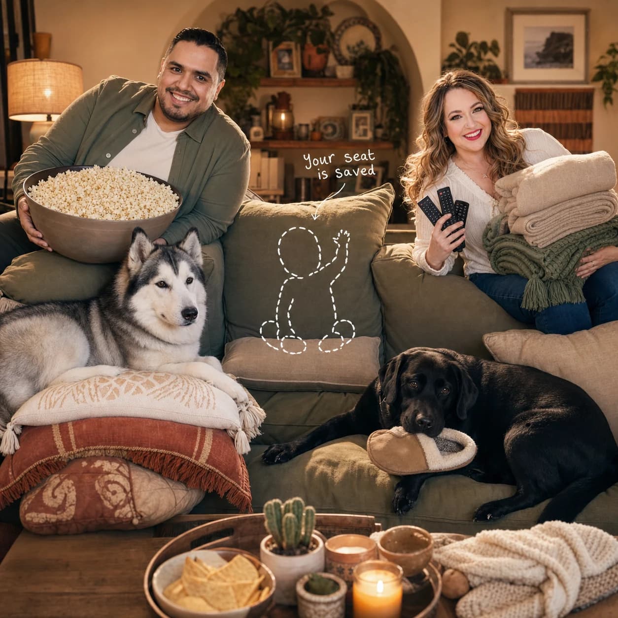 Vince, Elena, Nala and Noodles stage an overprepared movie night around a hand-drawn baby outline. Your seat is saved.