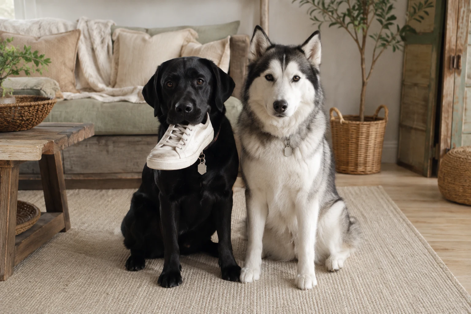 Noodles holding a shoe beside Nala on a rug