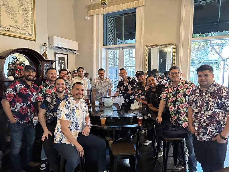 Floral shirts and friends